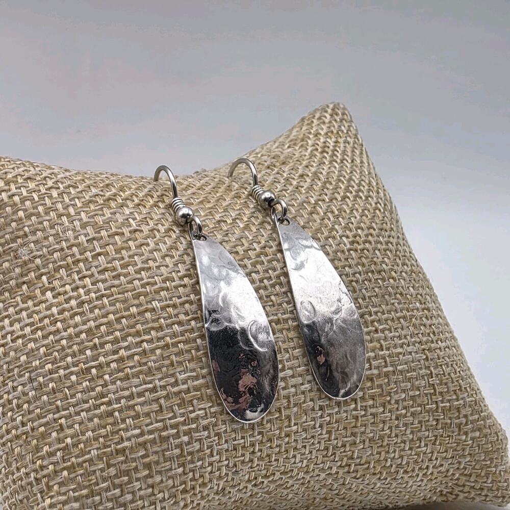 Vintage Hammered Sterling Silver Elongated Teardrop Dangle Earrings
